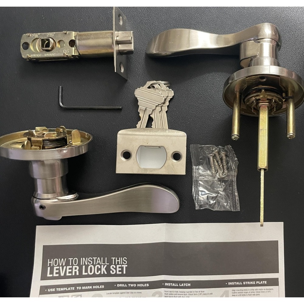 Satin Nickel Lever Door Lock Set Handle Keyed Entry Privacy Bed Bath